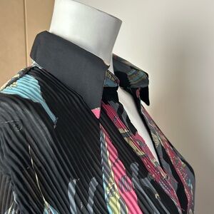 Womens Black Multi-Color Patterned Button-Front Top